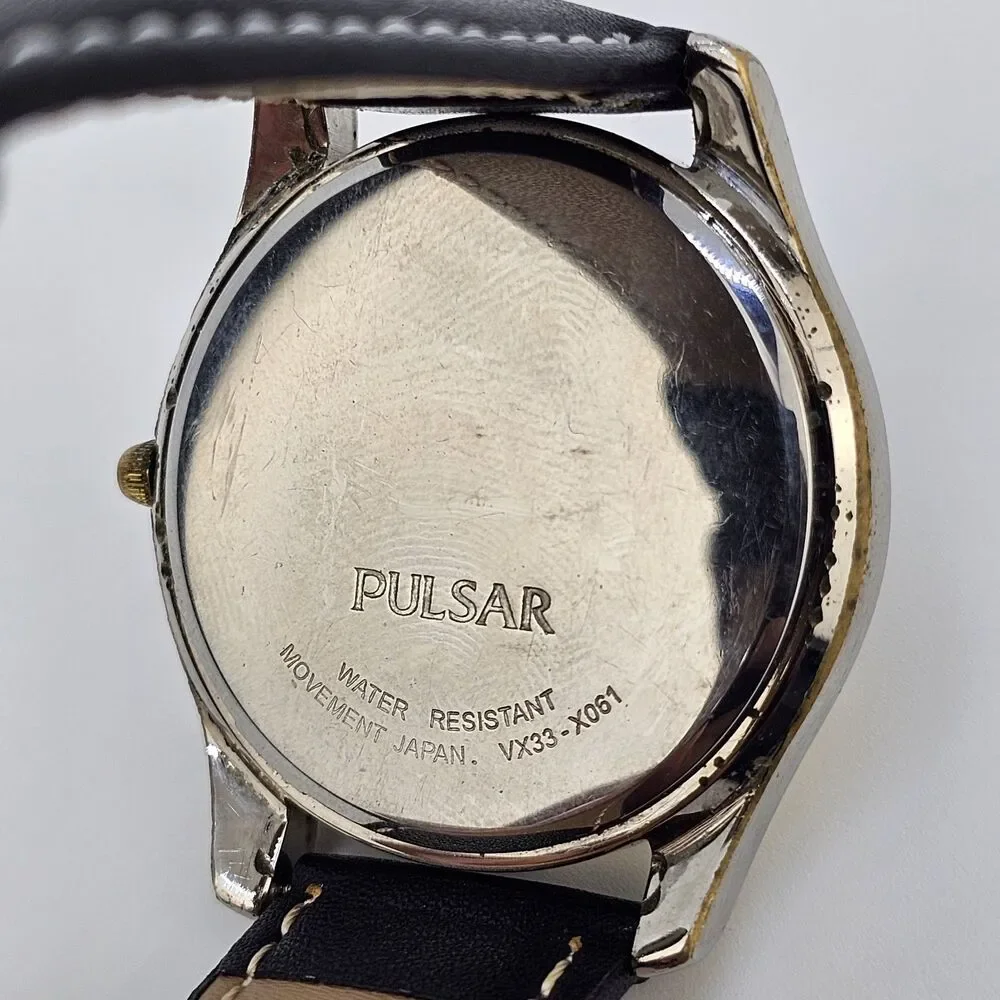 VTG Pulsar Men Watch 38MM Black Dial Dial Day Date New Leather Band New‎ Battery